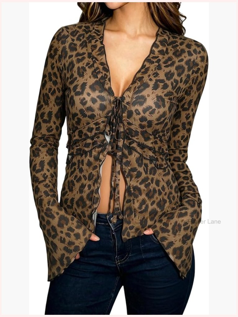 Sheer Bell Sleeve Tie Front Top Blouse Night Out Women Top